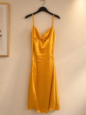 Miss Circle Golden Satin Cowl Midi Slip Dress